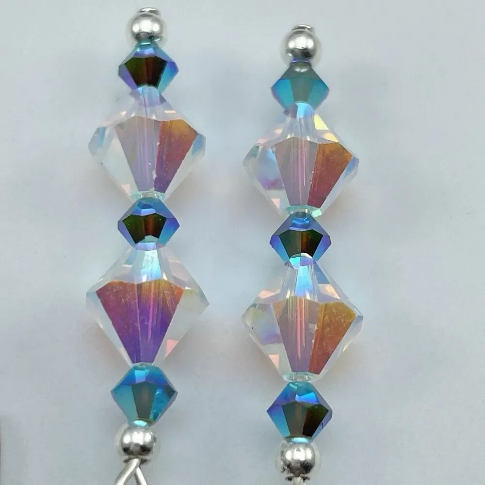 Made With Swarovski Crystals White AB Teal Blue Beaded Sterling Silver Earrings